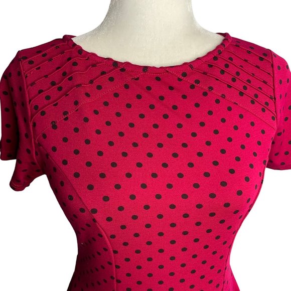 Unique Vintage Retro Swing Dress M Fuchsia Polka Dot Pleated Zip Stretch Knit - Picture 2 of 6